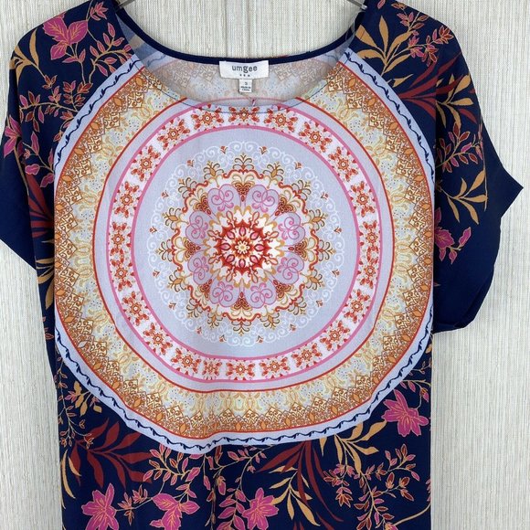 Navy Orange Floral Medallion Print Tunic Top S M - Picture 2 of 9